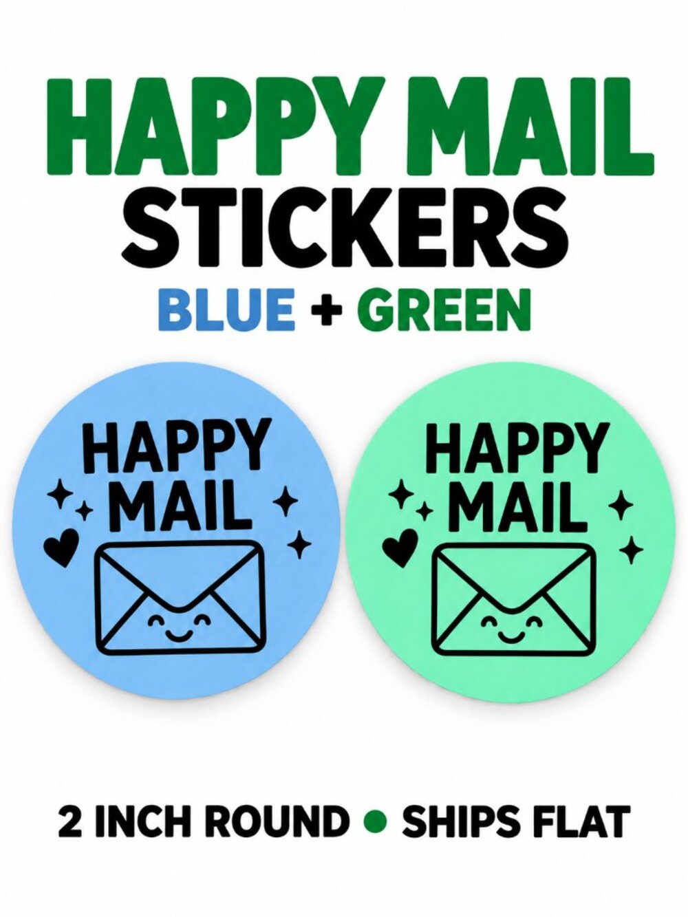 Handmade Happy Mail Stickers Blue Green 200 Pack 2 Inch Round